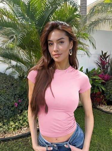 Abonlen Crewneck Short Sleeve T Shirts for Women Fitted Basic TeesY2k Going Out Tops thumbnail 3