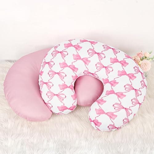 HNHUAMING Nursing Pillow Cover 2 Pack, Stretchy Breastfeeding Pillow Covers, Removable Feeding Pillowcase for Newborn, Ultra Soft Nursing Pillow Slipcover for Baby Girls Boys, Pink Bow thumbnail 8
