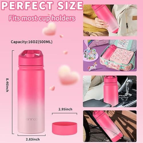 Mininoo Kids Water Bottle, Girls Water Bottle for School, 16oz Metal Stainless Steel Water Bottle Kids with Straw Lid（Sweat Peach） thumbnail 3