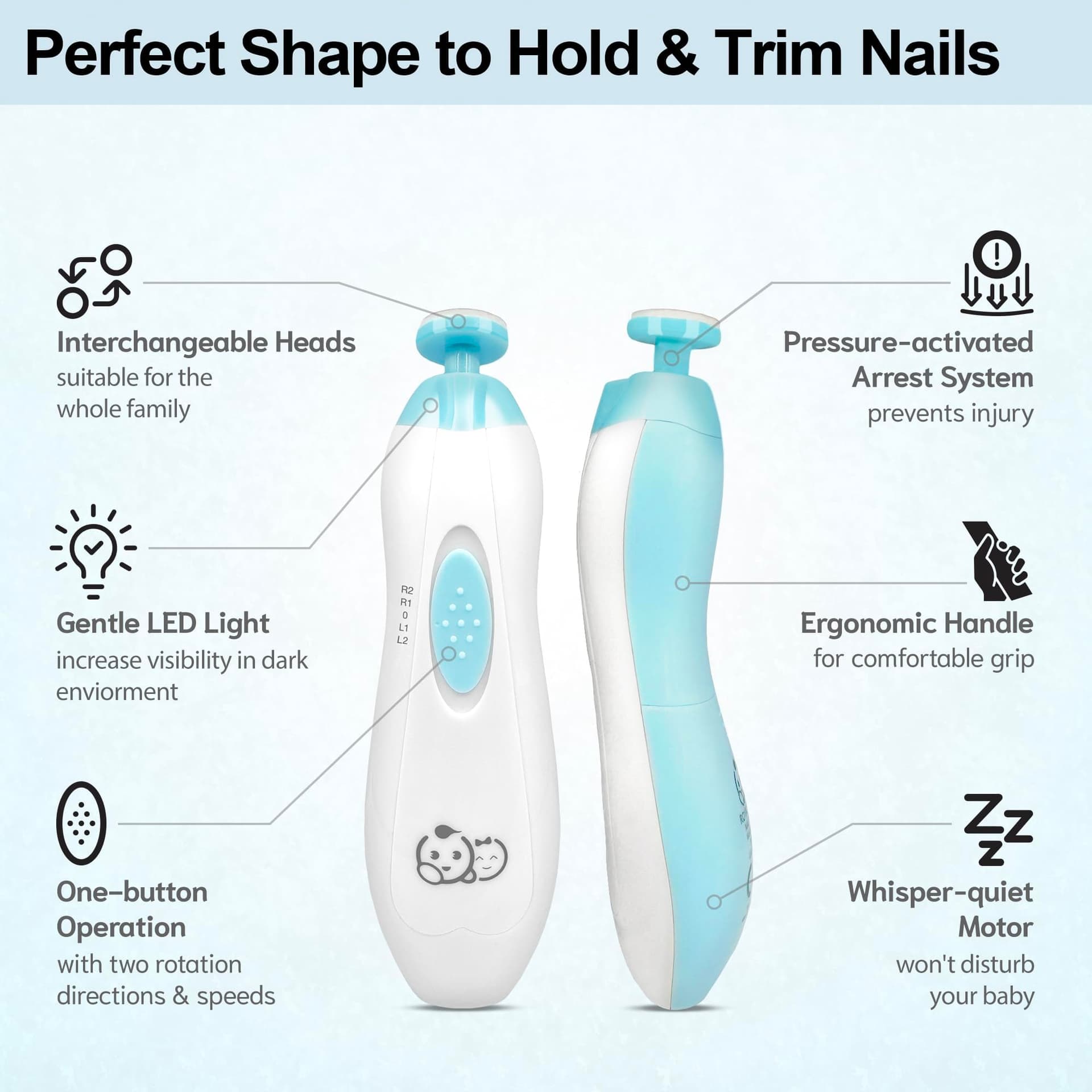 Royal Angels Upgraded 6 in 1 Baby Nail Trimmer with Labeled Case, 4 Colored Pads for Newborns to Toddlers, Whisper Quiet Electric Nail File with LED Light, Safe Manicure Set for Families (Babyblue) thumbnail 4