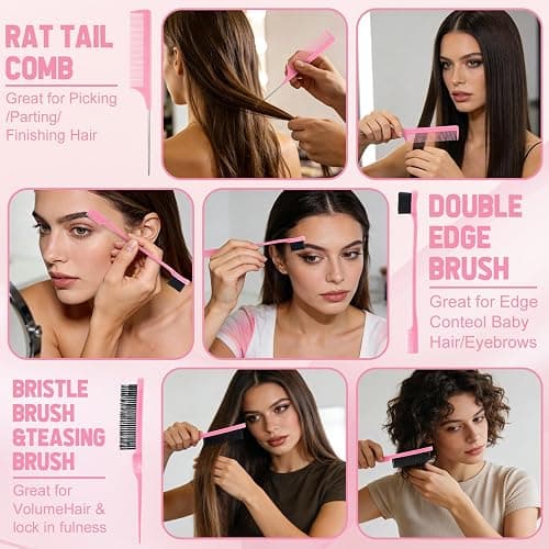 auroray 16 Pcs Pink Hair Brush Set for Women Girls - Scalp Scrubber with Handle, Detangle Hair Brush, Spray Bottle, Edge Bristles Wide Tooth Brushes Rat Tail Comb for Travel Home Use Hair Stuff thumbnail 7