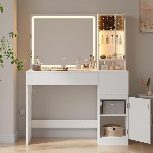 wanan Vanity with Glass Top, White Vanity Desk with Mirror and Lights, Jewelry Storage, Power Outlet, 3 Adjustable Lighting Modes, Makeup Vanity with 2 Drawers for Bedroom thumbnail 8