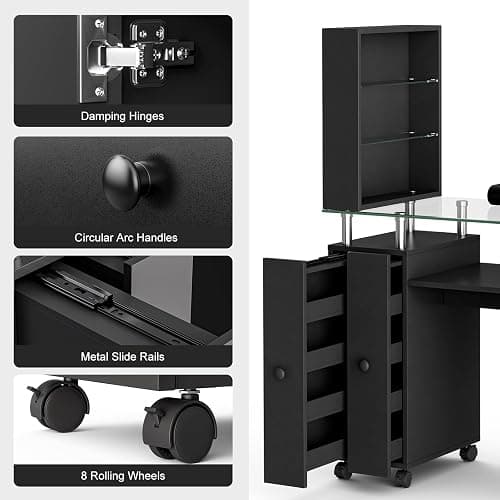 Belandi Manicure Table With Glass Top for Nail Tech - Acetone Resistant Desk Station With Storage Drawers, Open Shelves, Wrist Cushion, and Lockable Wheels (Black) thumbnail 7