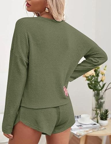 Ekouaer Womens Waffle Knit Pajama Sets Long Sleeve Top and Shorts Matching Lounge Set Loungewear Sweatsuit with Pockets thumbnail 3
