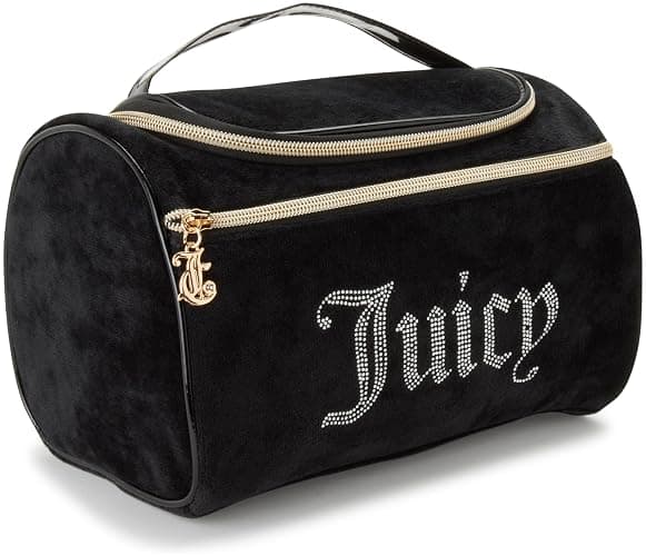 Juicy Couture Black Makeup Bag Cosmetics Organizer Travel Essentials Hanging Duffel Velour Rhinestones - Image 1
