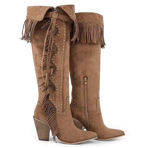 MissHeel Studded Fringe Boots for Women Knee High Boho Western Boots thumbnail 4