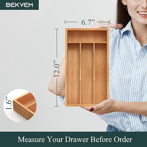 BEKVEM Small Silverware Organizer, Bamboo Kitchen Drawer Organizer, Utensil Holder, Cutlery Tray & Spoon Flatware Storage with Grooved Drawer Dividers thumbnail 7