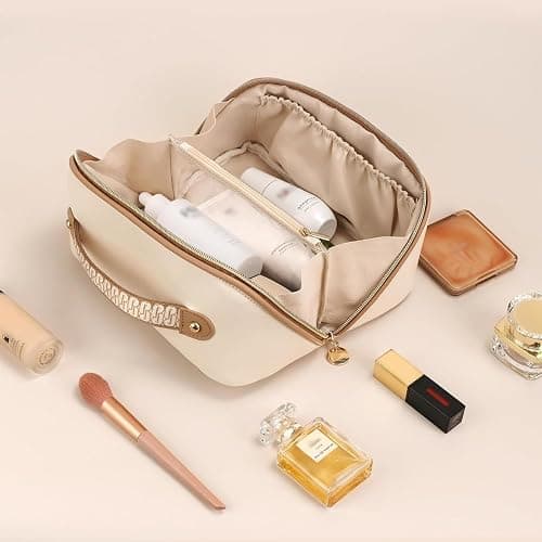 Prite Große Kapazität Kosmetiktasche Tragbare Reise Make Up Tasche wasserdichte PU-Leder Schminktasche oder Kulturbeutel mit Transparente Trenner und Griff(Beige) thumbnail 2