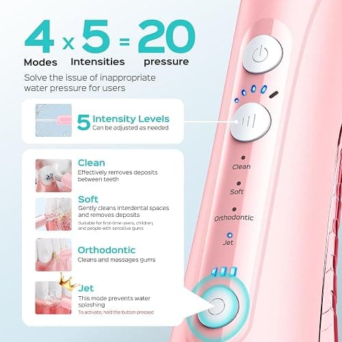 COSLUS Portable Water Flosser for Teeth: 4 Modes & 5 Intensity Levels Professional Electric Dental Pick for Sensitive Gums, Braces & Orthodontic - Cordless for Travel Use, for Adults, BPA-Free, Pink thumbnail 4