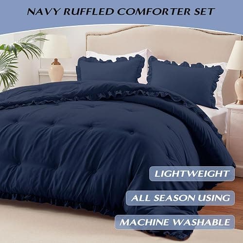 HARBOREST Full Comforter - Navy Ruffle Comforter for Full Size Bed, Fluffy Comforter Set for All Seasons, 3 Pieces Shabby Chic Bedding Set(1 Comforter & 2 Pillow Shams) thumbnail 2
