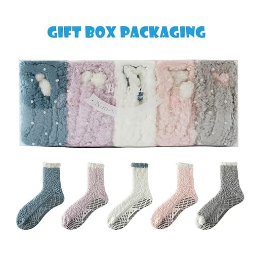Bulinlulu Fuzzy Socks With Grips for Women 5-Pairs Non Slip Sleep Warm Fluffy Slipper Socks Mother's Day Gifts for women thumbnail 2
