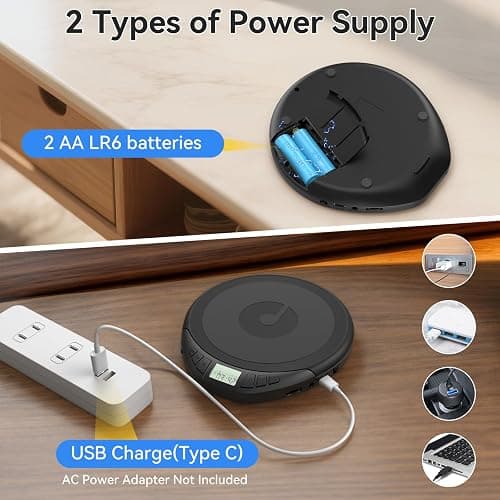 Gueray Portable CD Player with Earphones,CD Discman for Car Home with Anti-Skip Shockproof Protection,Personal Discman CD Music Player with LCD Display Support PROG Memory Function thumbnail 5