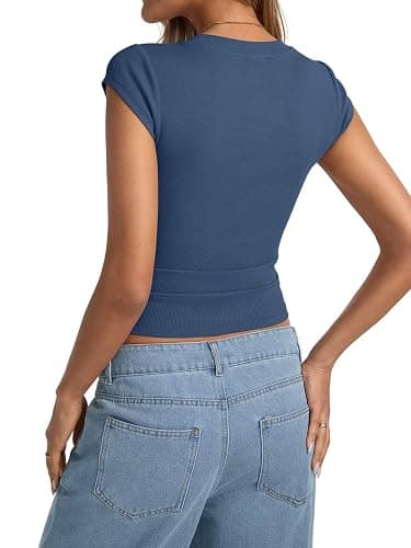 EasyGala Womens Cap Sleeve Tops Summer Crew Neck Short Sleeve Shirts Slim Fit Basic Ribbed Tees Y2K Going Out Crop Tops thumbnail 6