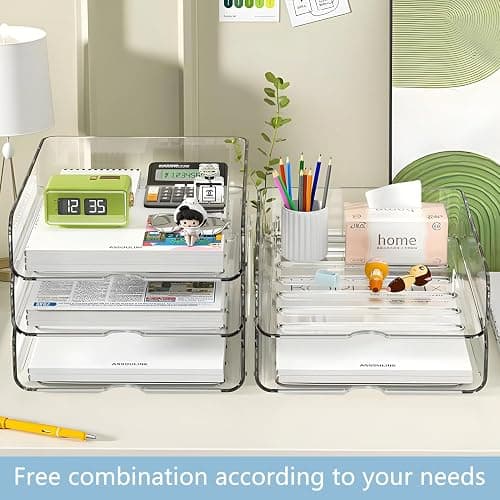 OUTIOE 4-Tier Paper Organizer for Desk, Stackable Desk Organizer Paper Tray, Ideal for Office Supplies, A4 Storage (Clear, 4-Tier) thumbnail 7