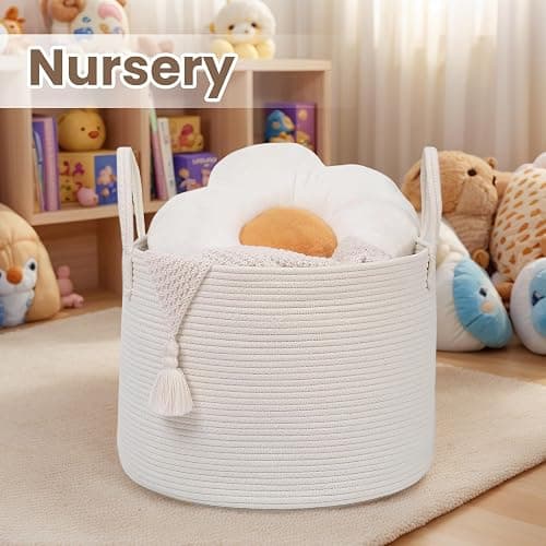 JMvicyroam Woven Blanket Basket,65L Large Rope Storage Bin with Handles, Organizer for Blankets Toys Book and Clothes, Laundry Basket for Living Room Bedroom Nursery,White thumbnail 4