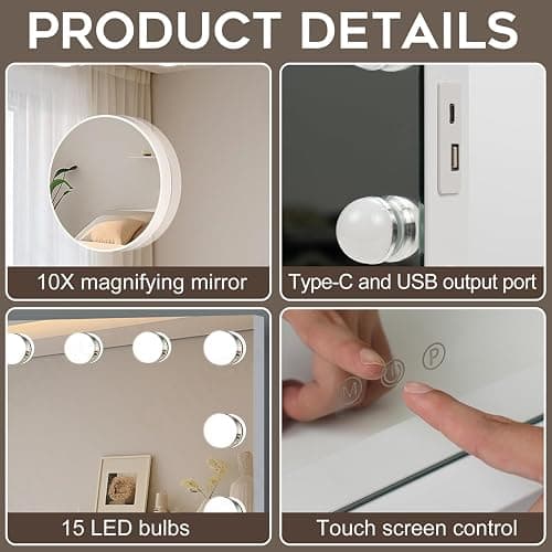 Ruication Hollywood Vanity Mirror with Lights, 58×48cm Large Lighted Makeup Mirror with 15 Dimmable Bulbs, Touch Screen Control and USB Output Port, Tabletop or Wall Mounted Mirror For Bedroom thumbnail 6