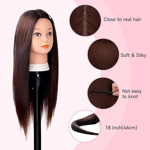 TwoWin Hairdressing Training Head, 26" 80% Real Hair Mannequin Head, Wig Styling Head with Clamp and DIY Braiding Set (Dark Brown) thumbnail 4