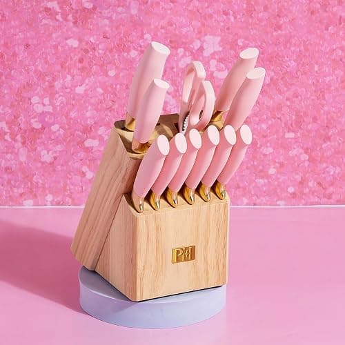 Paris Hilton 12-Piece Knife Set with Block, High-Carbon Stainless Steel Cutlery, Precision Blades and Ergonomic Handles, Pink thumbnail 2