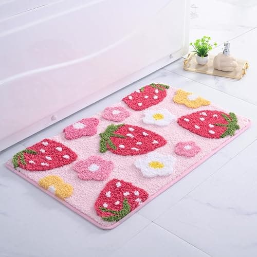 Anybar Pink Bathroom Rugs Cute Strawberry Flower Bath Mat Bathroom Accessories, Funny Colorful Non Slip Floor Bath Rug Machine Washable Bathmat Soft Microfiber Carpet for Shower, Bathtub (20x32 inch) thumbnail 6