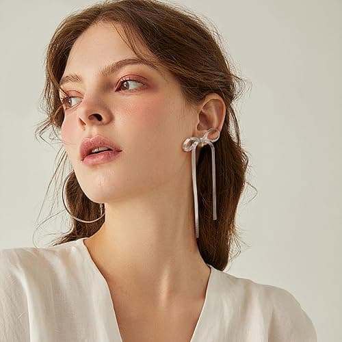 NVWAROCK Cilp-on Bow Earrings Non Pierced Ribbon Bow Dangle Drop Tassel Statement Earring for Women Dangling Long chain Earrings（Gold and Silver） thumbnail 4