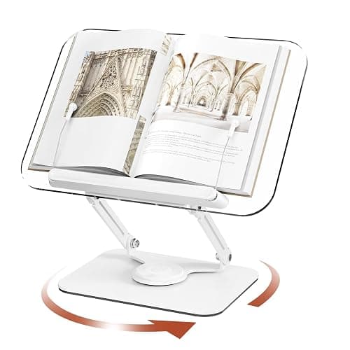 BYMECOST Acrylic Book Stand for Reading, Adjustable Book Holder with 360° Rotating Base & Elastic Page Clips, Foldable Desktop Riser Stand for Cookbook,Laptop,Tablet,Music Scores,Recipe,Textbook - Image 1