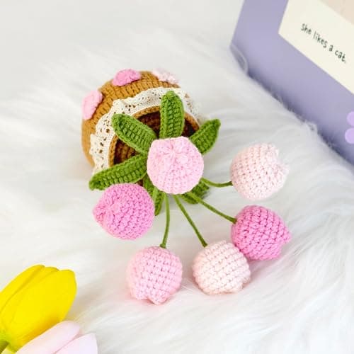 JOMODECOR Handmade Crochet Tulip Bouquet Potted Plants, Knitted Artificial Forever Flowers with Exquisite Pot,Gift to Friends Women Kids,Perfect for Home Decorations, Office Desk(Pink) thumbnail 7