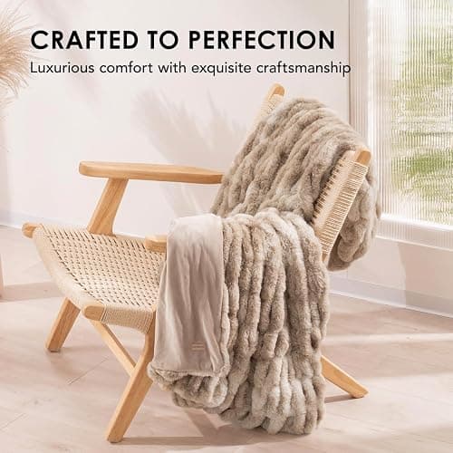 EVERGRACE Luxurious Soft Faux Rabbit Fur Throw Blanket, Cozy Fuzzy Plush Warm Throws for Couch Bed Sofa Chair Home Decor, Ruched Bubble Fluffy Blanket with Reversible Velvet, 60" x 80", Beige thumbnail 5