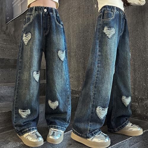 NABER Kids Girls Elastic Waist Cool Ripped Jeans Washed Denim Wide Leg Ripped Denim Jean Age 5-15 Years thumbnail 5