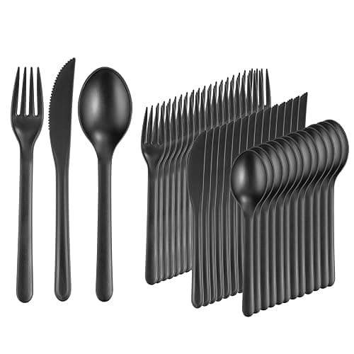 Supernal 180pcs Matte Black Reusable Plastic Utensils Silverware Set | Wheat Straw Reusable Cultery Flatware Set Dishwasher Safe (60 Forks, 60 Knives, 60 Spoons) for Party, Picnic & Everyday Use - Image 1