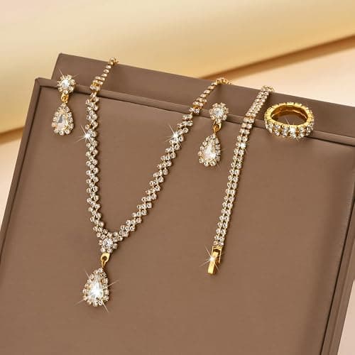 IS4U Rhinestone Water Drop Set for Women Bridal Wedding Vintage Colourful Crystal Zircon Statement Necklace Ring Earrings Bracelet Set Party Dress Ball Fashion Jewellery thumbnail 6