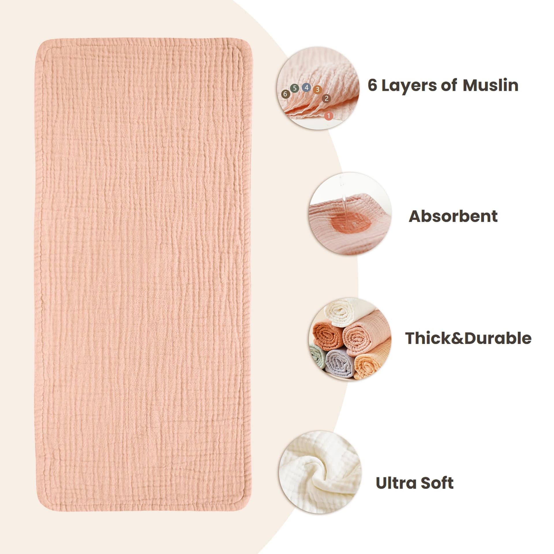 Konssy Muslin Baby Burp Cloths Sets for Unisex- 6 Pack Large 100% Cotton Burping Clothes for Newborn，Baby Girls and Boys - Beige thumbnail 3
