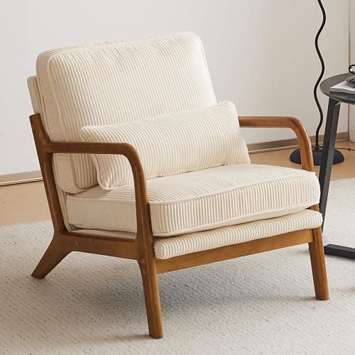 VINGLI Upgraded Premium Corduroy Accent Chair,Upholstered Arm Chair,Solid Wood Comfy Reading Chair with Lumbar Pillow, Mid Century Modern Chairs for Living Room,Bedroom,Guest Room,Beige - Image 1