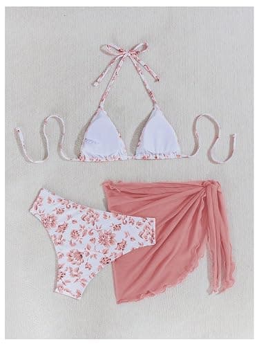 SHENHE Women's 3 Piece Polka Dots Floral Bikini Set with Wrap Coverup Halter Triangle Swimsuits thumbnail 2