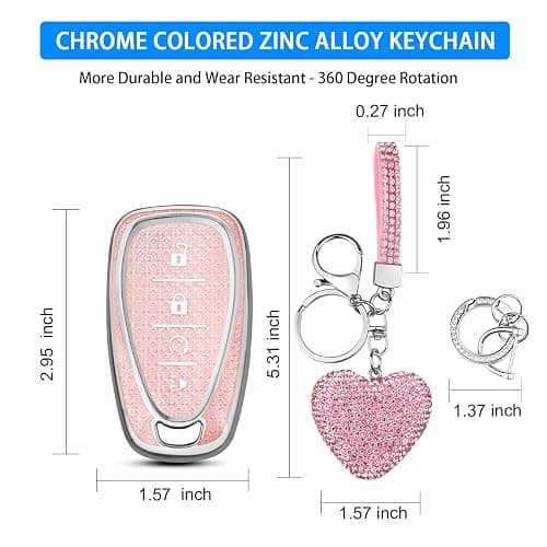 QBUC for Chevy Key Fob Cover with Diamond Keychain, 4 Buttons Key Case Compatible with Chevrolet Equinox Malibu Camaro Cruze Traverse Blazer Trax Volt Bolt Key Protector for Women(S-Pink) thumbnail 3
