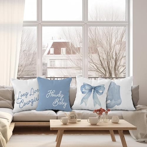 OTOUO Western Cowgirl Pillow Covers 18x18 - Howdy Long Live Cowgirls Boots Pillow Cover, Western Blue Coquette Bows Home Room Decor, Set of 4 thumbnail 4
