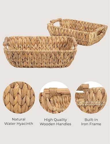 StorageWorks Hand-Woven Large Storage Baskets with Wooden Handles, Water Hyacinth Wicker Baskets for Organizing, 2-Pack thumbnail 4