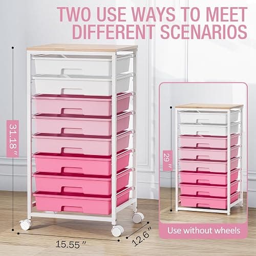 Rolling Cart with Drawers, Pink Cart with 8 Plastic Drawer Storage and Wooden Tabletop, Craft Storage, Teacher Cart, Storage Cart on Wheels, Rose Pink thumbnail 3