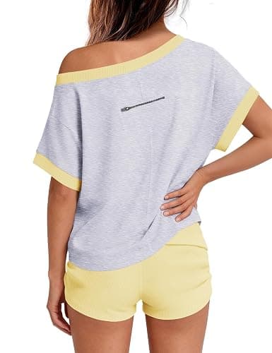 Nirovien Womens Summer 2 Piece Outfits Matching Shorts Set Travel Sets | Color Block Lounge Set, Oversized Tops and Fold Over Shorts Set, High Waisted, Comfy Sporty Wear, Athleisure Sets with Pocket thumbnail 2