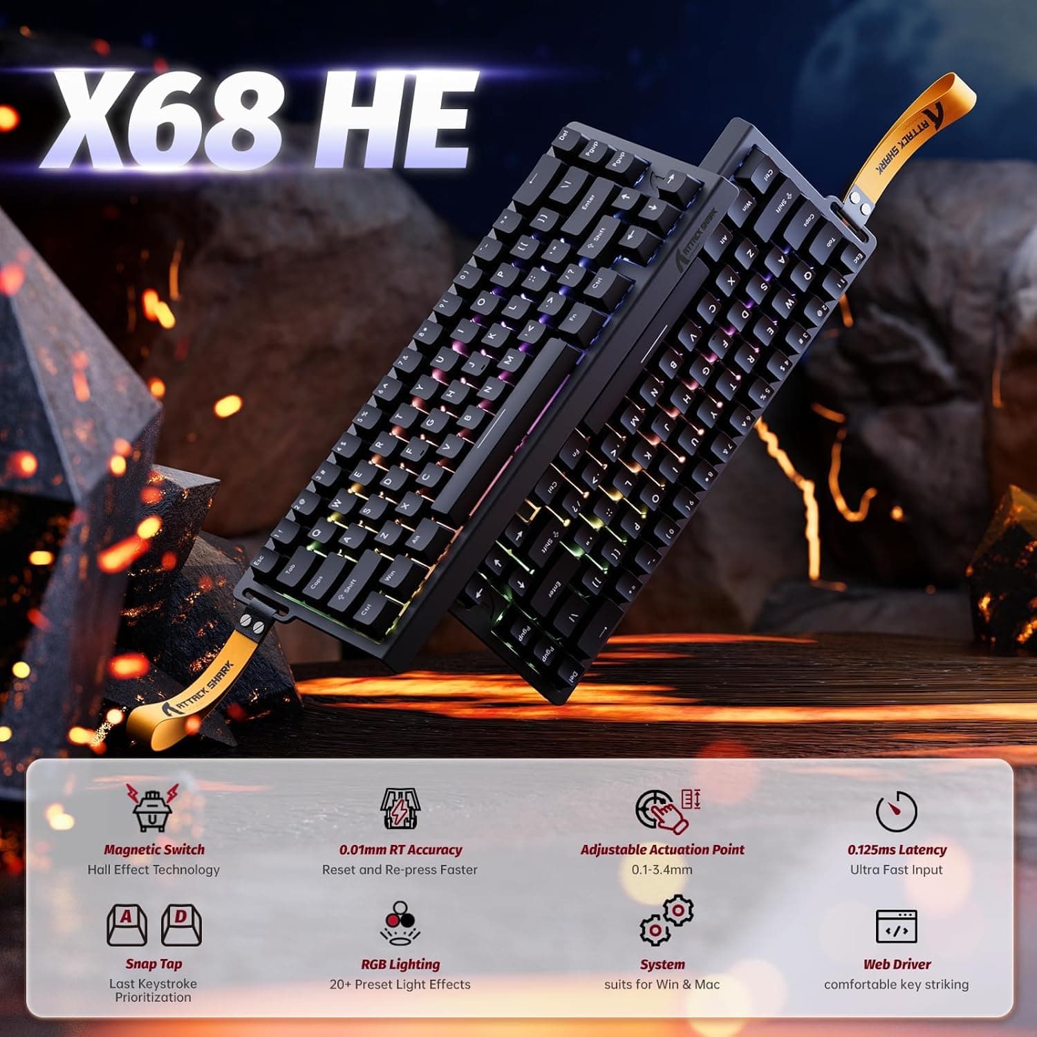ATTACK SHARK X68 HE Rapid Trigger Mechanical Gaming Keyboard 60% Wired TKL with Adjustable Actuation,Hall Effect Magnetic Switch,8KHz Polling Rate,RGB Backlit,Top Mount for PC Mac Esport Gamer(Black) thumbnail 2
