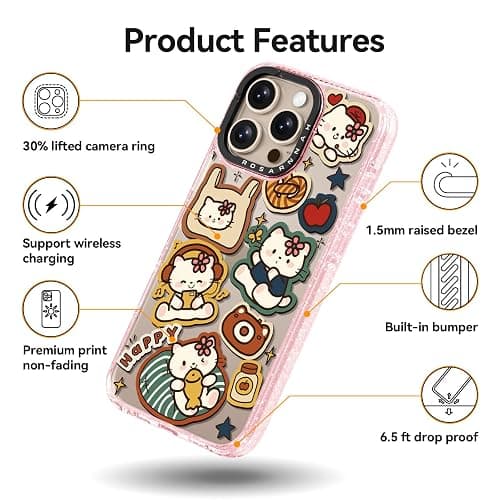 Rosarnnah Compatible for iPhone 16 Pro Max Case Cute - Durable Shockproof 6.6 ft Drop Impact Phone Case - Glitter Pink Funny Happy Kitty Design for iPhone 16 Pro Max 6.9" thumbnail 4