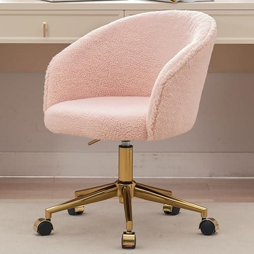 Nahenduo Cute Vanity Chair with Back, Teddy Velvet Desk Chair with Wheels and Gold Legs, Modern Makeup Chairs for Vanity Bedroom Office, Adjustable High 360 Swivel (Pink) - Image 1
