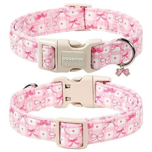 DOGWONG Pink Plaid Dog Collar-Cute Pink Bowtie Print Dog Collar, Adjustable Cotton Girl Female Pet Collar with Quick Release Buckle,S thumbnail 2
