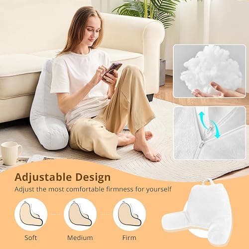 Sasttie Reading Pillow, Velvet Back Pillow for Bed Sitting Up, Adult Back-Rest Support Cushion with Arms for Sit Up on Couch, Sofa, and Floor, Dorm Essentials, Reading Accessories, White thumbnail 3