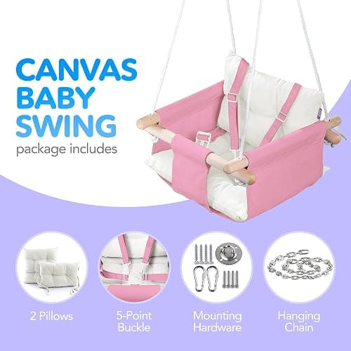 CaTeam - Canvas Baby Swing, Wooden Hanging Swing Seat Chair with Safety Belt, Durable Baby Swing Chair, Outdoor and Indoor Swing for Kids, Mounting Hardware Included, Pink thumbnail 4