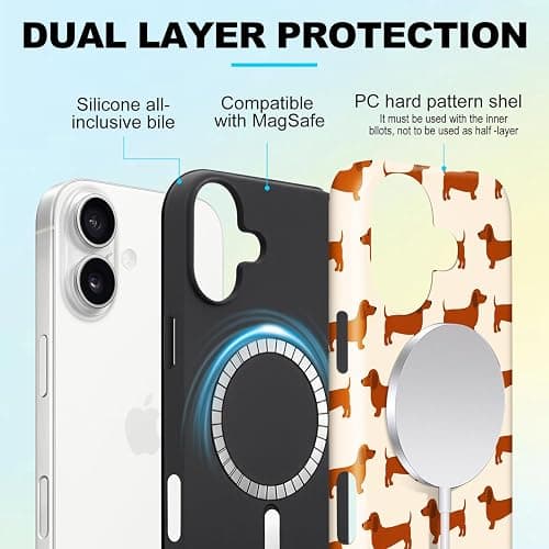 flewfun Magnetic for iPhone 16 Cute Dog Phone Case, Dachshund Dog | Sausage Dog Shockproof Slim TPU and Hard PC Protective Phone Cover Compatible with MagSafe Designed for Pet Lover thumbnail 3