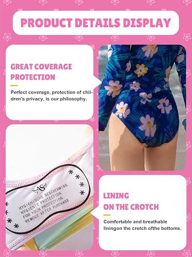 Angel season Girls Long Sleeve Swimsuits One Piece Rash Guard Bathing Suit UPF50+ Toddler Kids Zipper Swimwear Size 2-10 - Blue Floral - 2-3T thumbnail 4