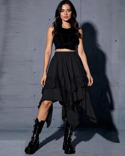 MATSUMIZUYU Flowy Gothic Punk Y2K Lace Midi Skirts for Women Medieval Steampunk Goth Layered Asymmetrical A-Line Skirt thumbnail 2