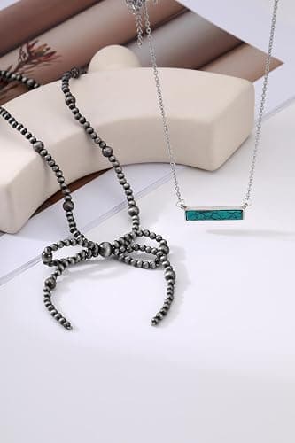 Navajo Pearl Necklace Western Jewelry for Women Turquoise Heart Bar Pendant Necklace Layered Boho Beaded Choker Necklace for Women thumbnail 6