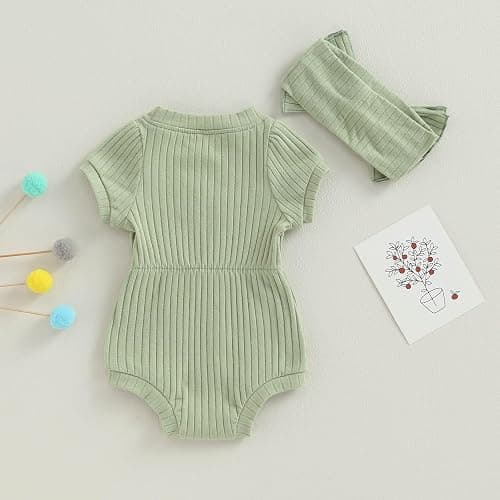 FOCUSNORM Baby Girl Summer Clothes Ribbed Short Sleeve Romper Solid Color Bodysuits Bow Headband Outfit Newborn Girl Jumpsuit thumbnail 7