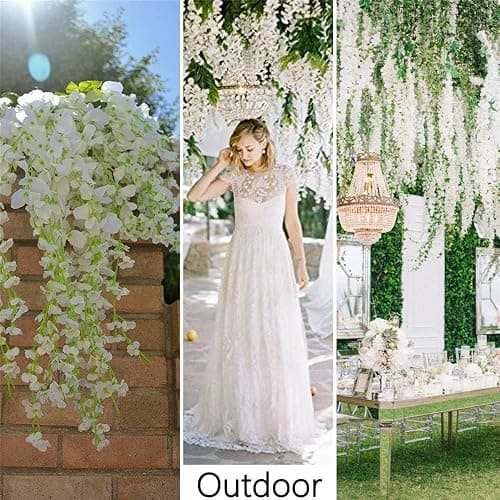 48Pcs Artificial Wisteria Flowers 3.6 Feet/Piece White Dense Artificial Fake Wisteria Vine Ratta Hanging Garland Silk Flowers String Home Party Wedding Decor(White-Dense) thumbnail 6